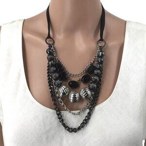 Chunky Necklace Black Silver Tone Beads Ribbon Tie Behind Neck
